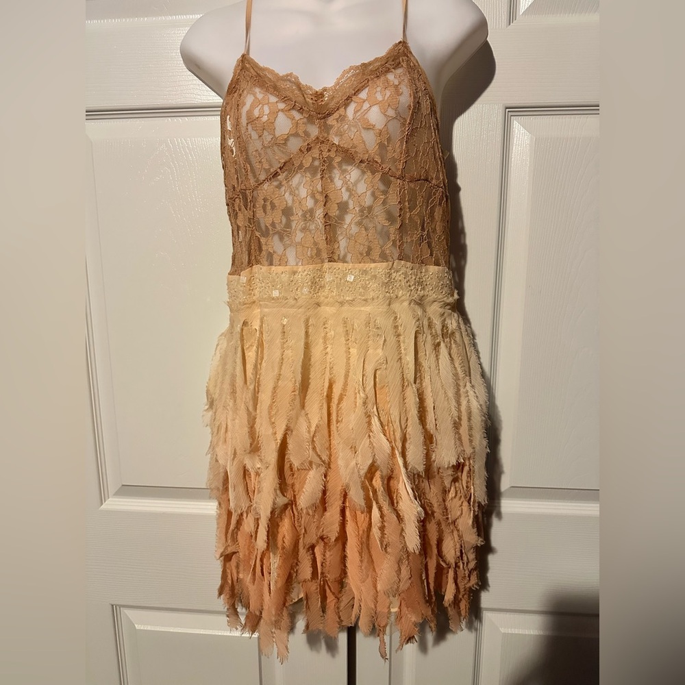 Free People Beige and Tan Lace Tiered Mini Dress